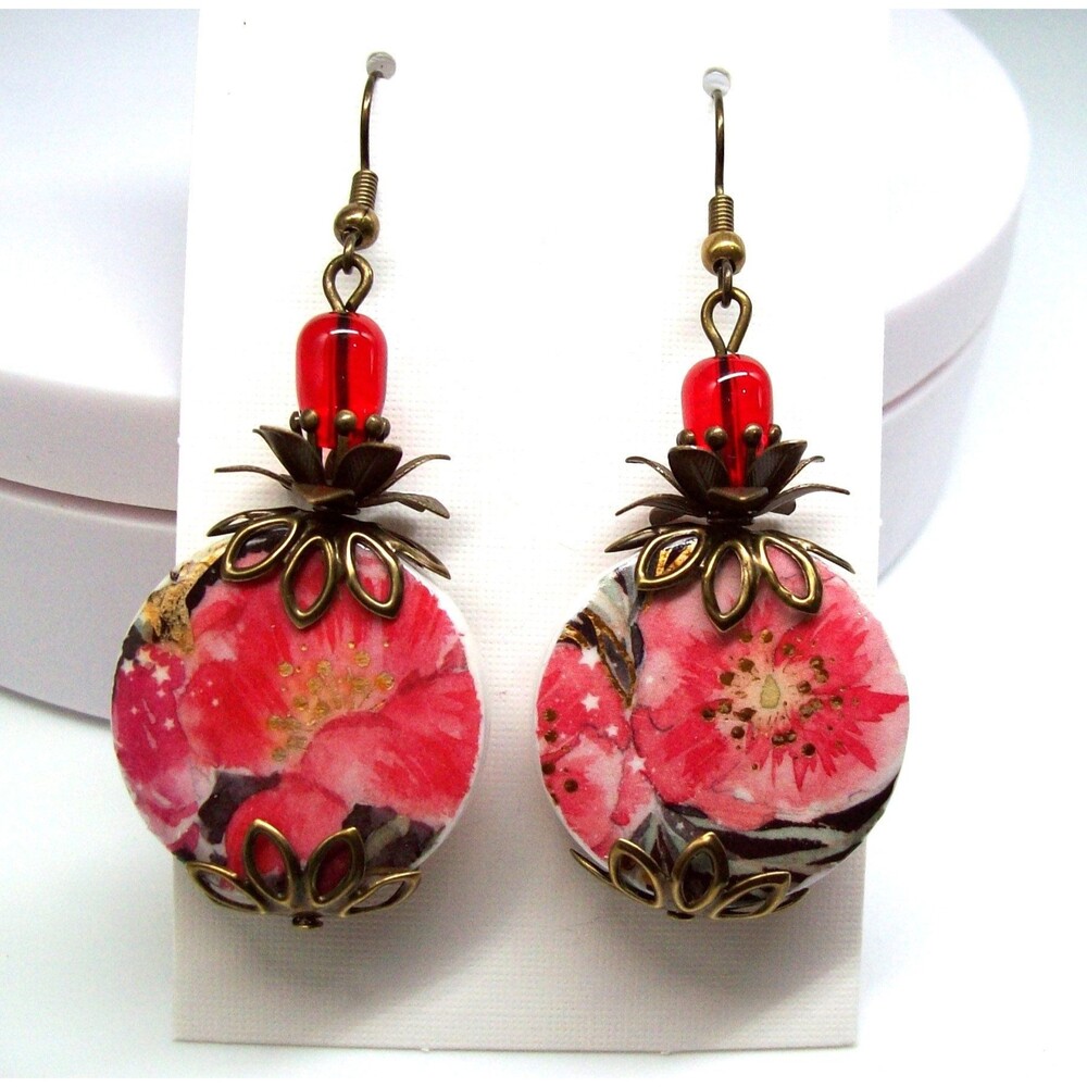 Decoupage Dangle Earrings, Art Nouveau, Bronze, Handmade Jewelry,